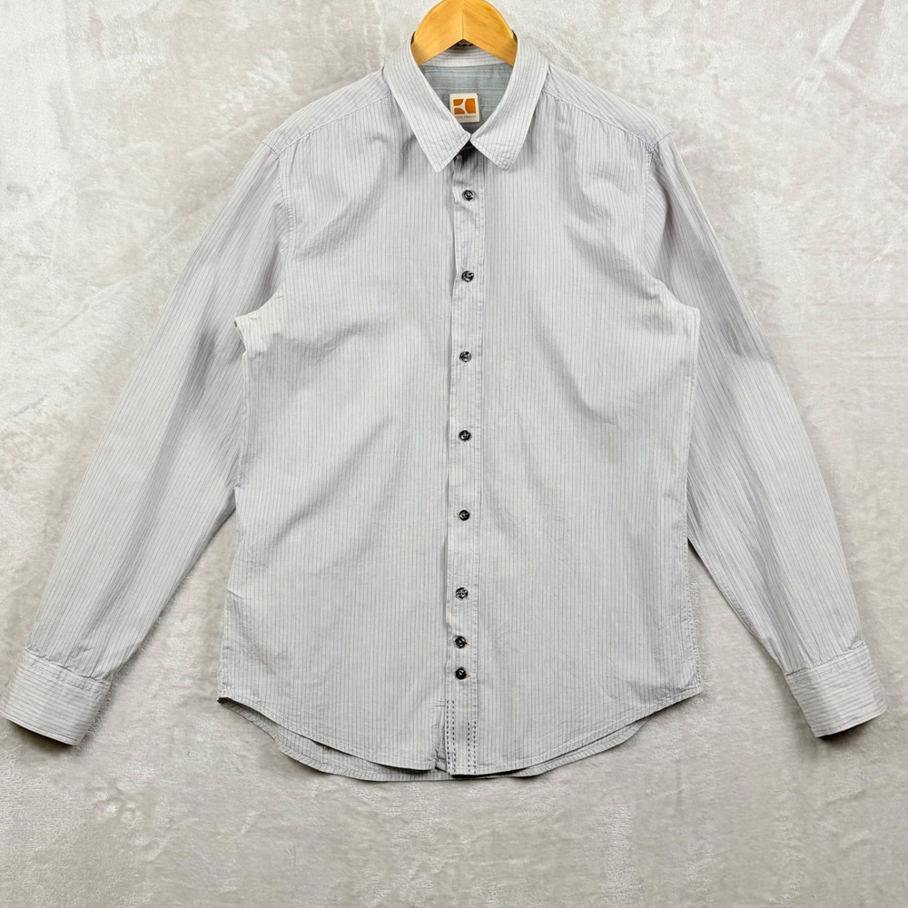 BOSS Orange Men's Light Gray Pinstripe Button Down Shirt Long Sleeve Size L